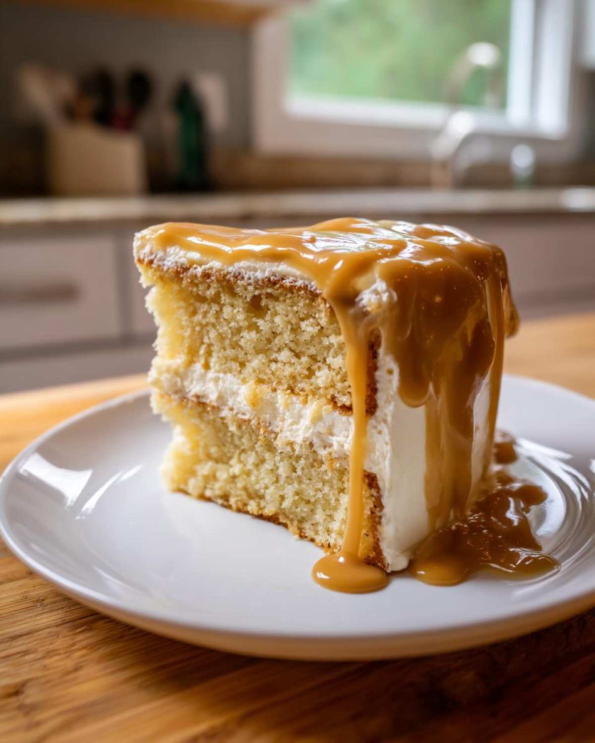 A decadent slice of layered caramel cake topped with thick, dripping caramel sauce, served on a white plate.