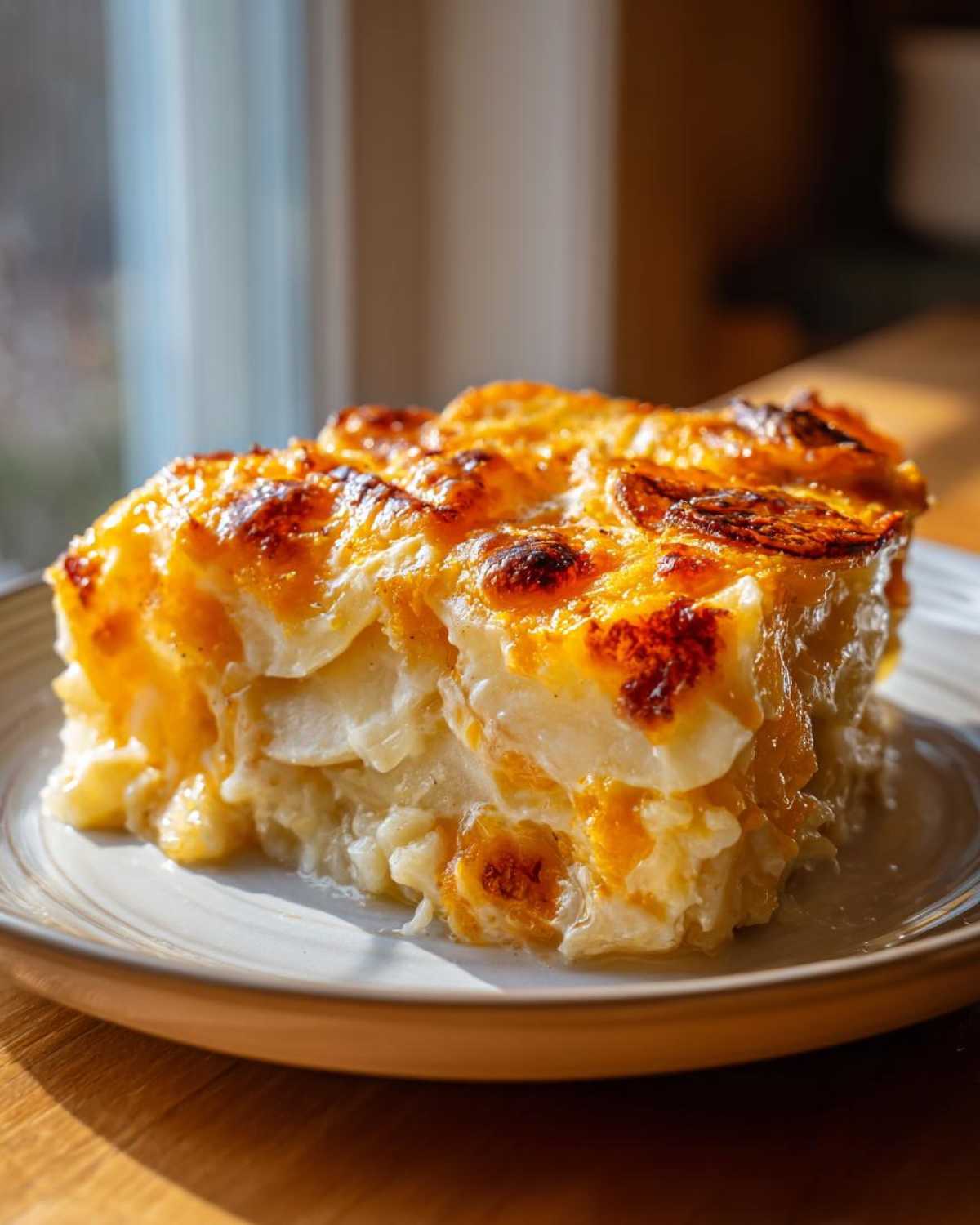 A thick slice of creamy potato casserole with a perfectly browned, cheesy top crust, served on a plate.