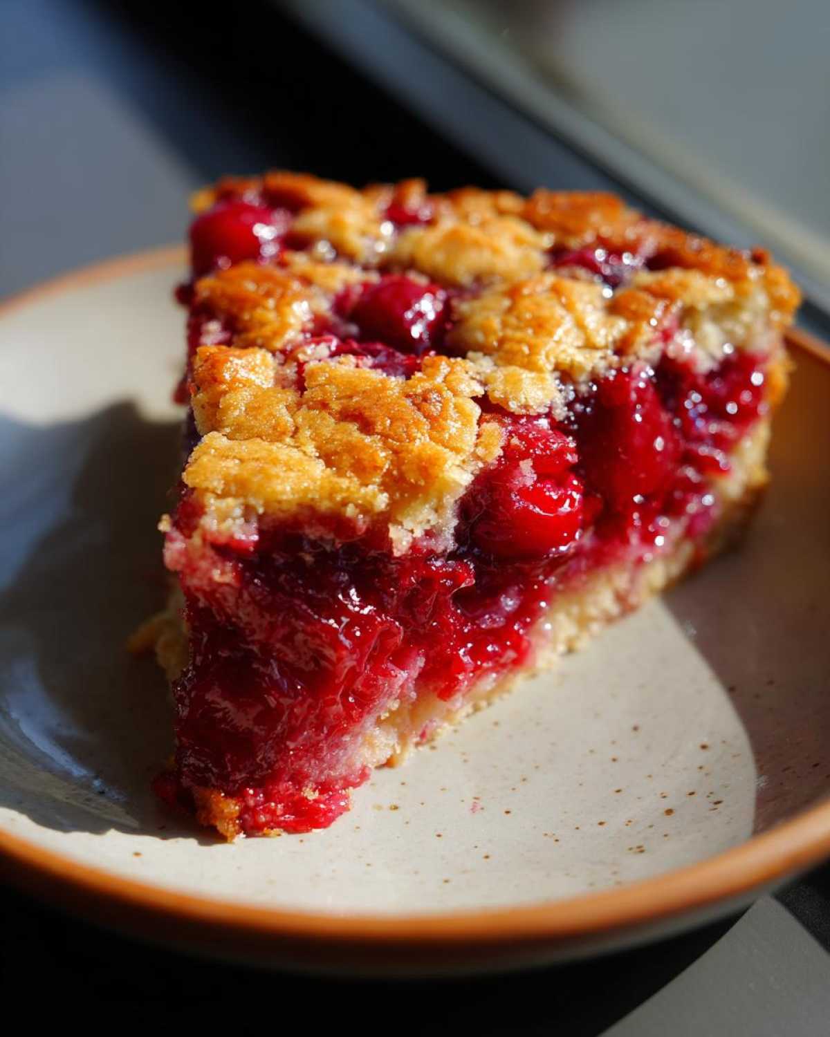 Close-up of a moist slice of cherry dump cake with a golden, crumbly topping on a speckled plate.