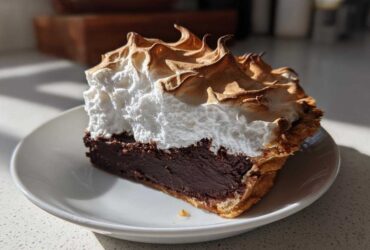 A perfect slice of chocolate meringue pie featuring a rich dark filling and towering, toasted meringue peaks.