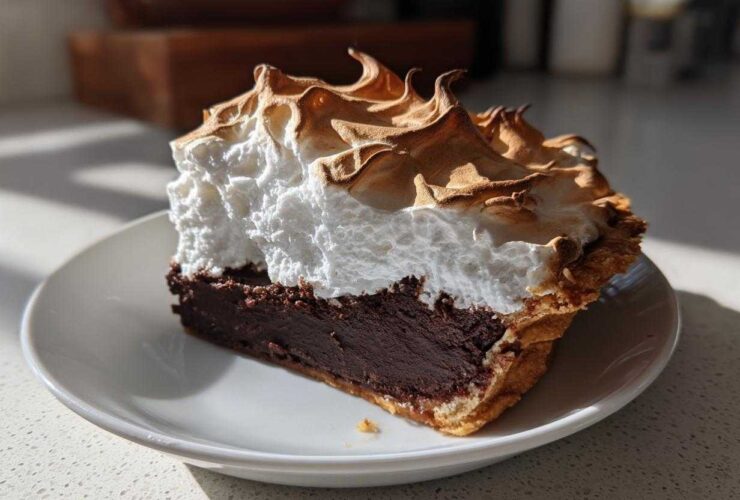 A perfect slice of chocolate meringue pie featuring a rich dark filling and towering, toasted meringue peaks.