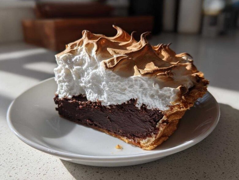 A perfect slice of chocolate meringue pie featuring a rich dark filling and towering, toasted meringue peaks.
