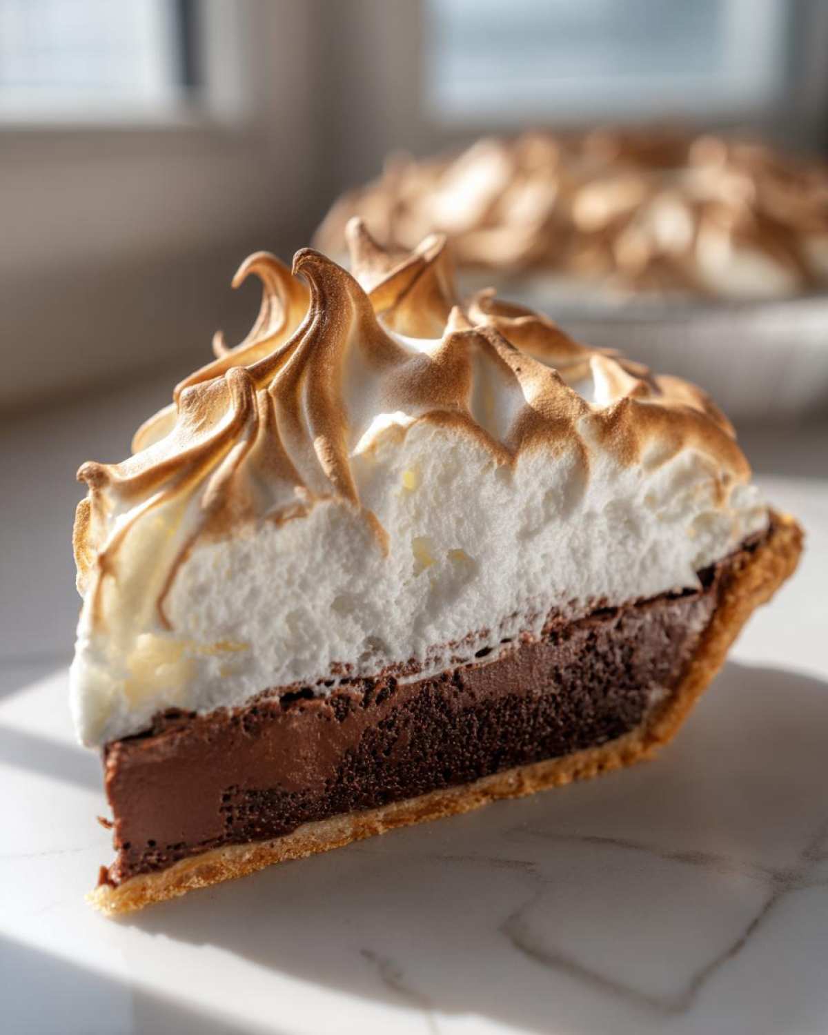 A perfect slice of chocolate meringue pie showing rich chocolate filling and tall, toasted meringue peaks.