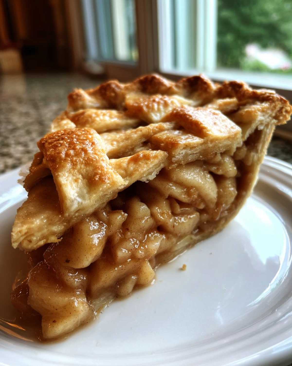 Close-up of a perfect slice of homemade apple pie showing thick, gooey cinnamon filling and a golden lattice crust.