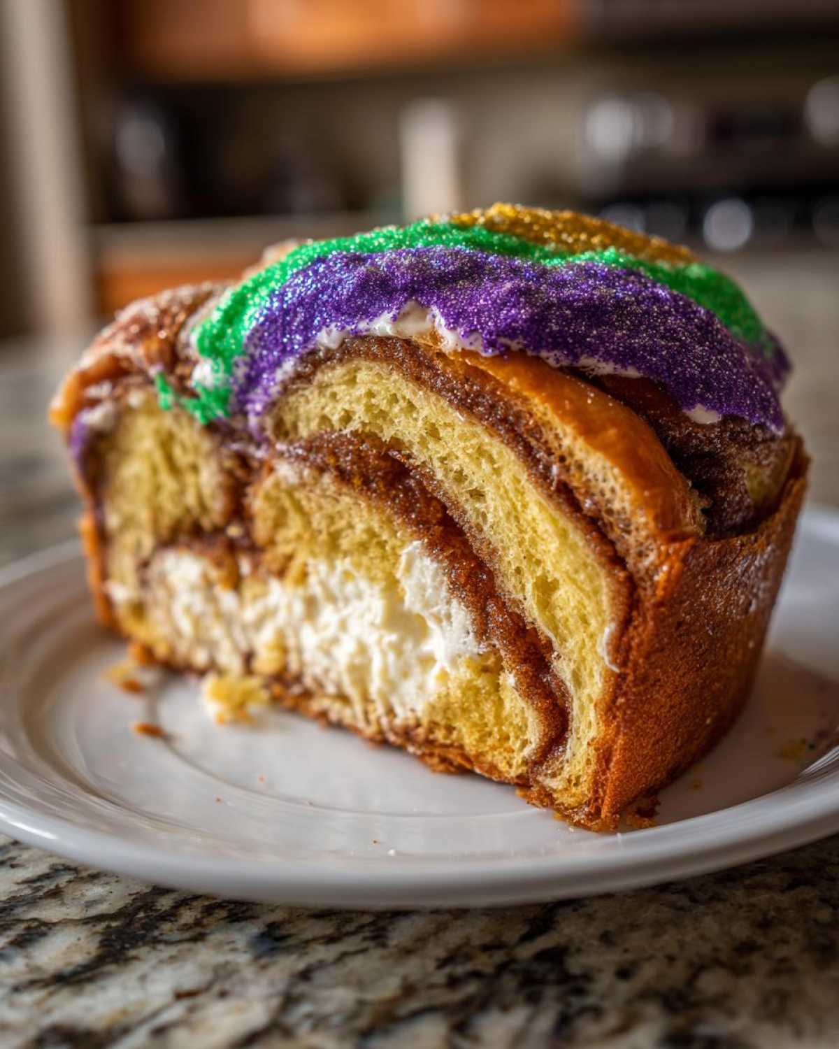 Close-up of a slice of cream cheese filled king cake, topped with purple, green, and gold Mardi Gras sprinkles.