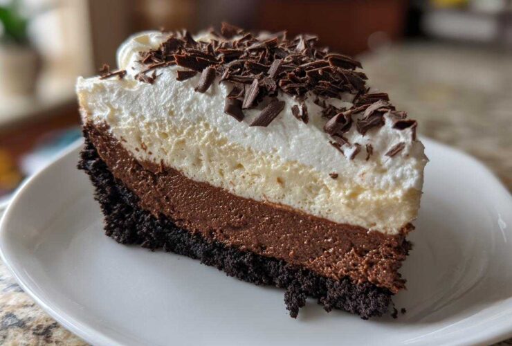 A decadent slice of layered mud pie featuring a dark crust, chocolate mousse, vanilla layer, and whipped cream topped with chocolate shavings.