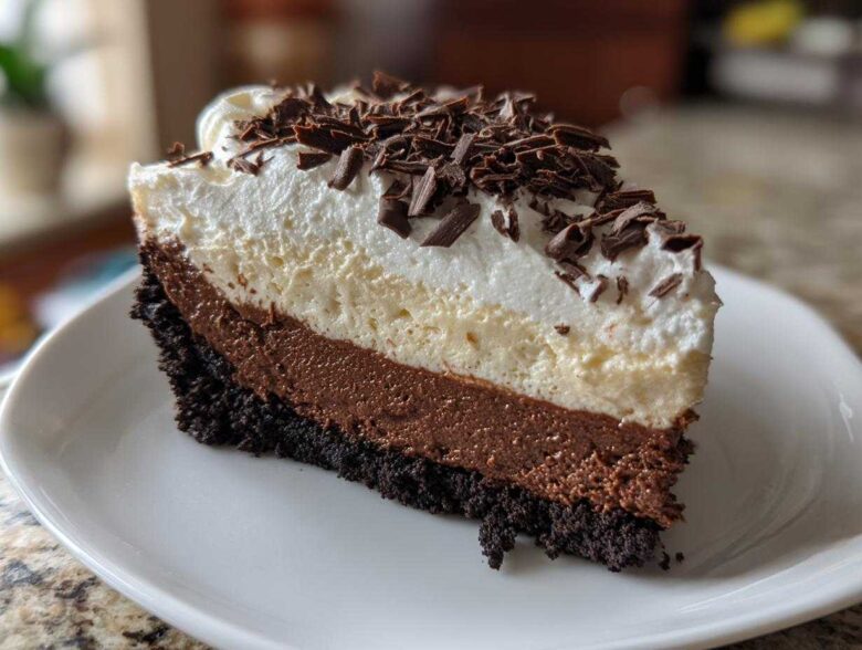 A decadent slice of layered mud pie featuring a dark crust, chocolate mousse, vanilla layer, and whipped cream topped with chocolate shavings.