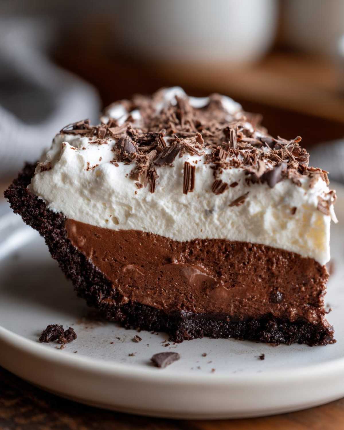 Close-up of a decadent slice of mud pie showing a dark chocolate crust, rich chocolate filling, and thick whipped cream topping with chocolate shavings.