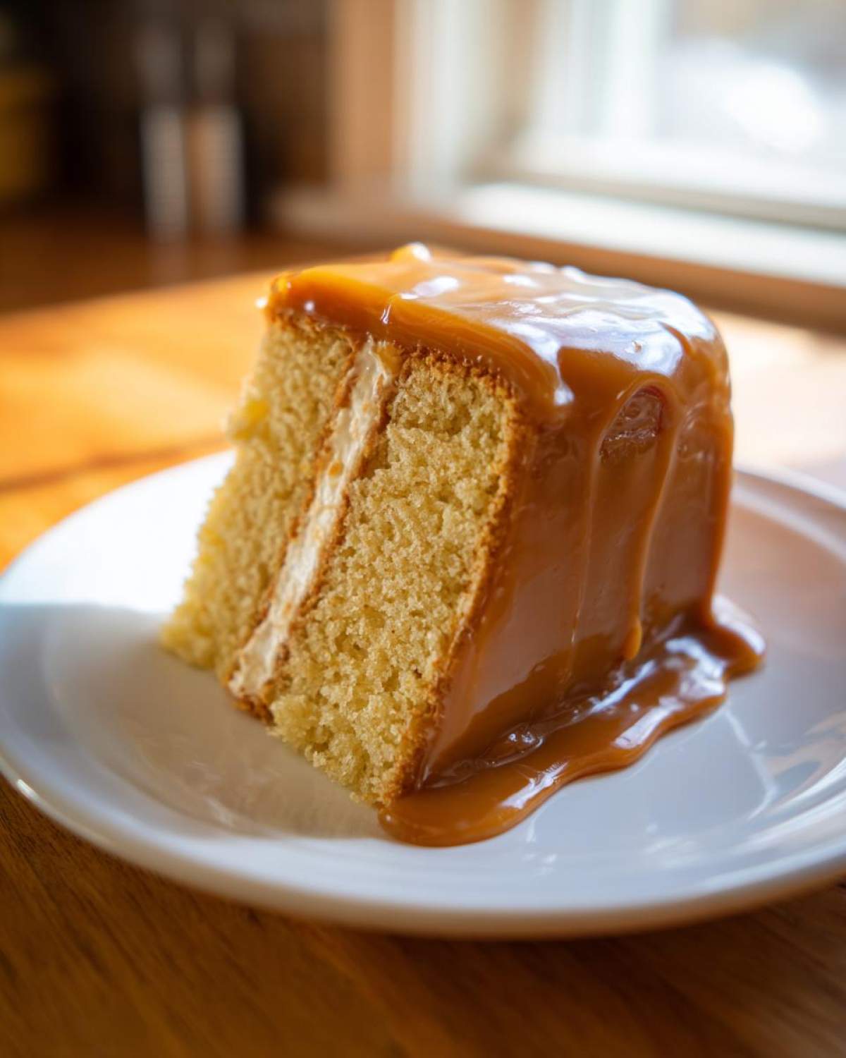 A moist slice of caramel cake with two layers and thick caramel sauce dripping down the sides onto a white plate.