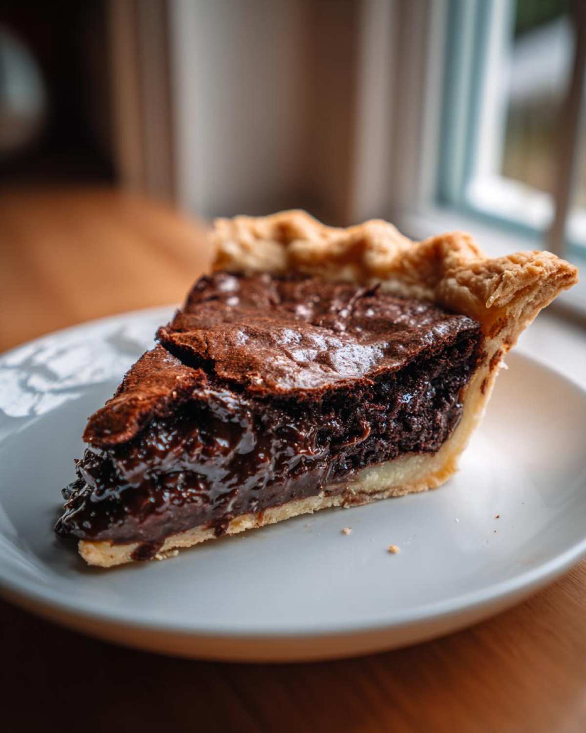 A close-up of a rich, gooey slice of hot fudge pie with a flaky crust, sitting on a white plate.