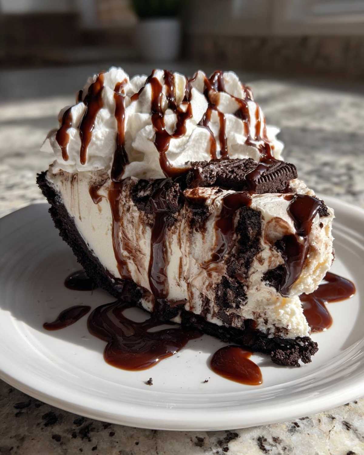 A decadent slice of ice cream pie with an Oreo crust, vanilla filling mixed with chocolate chunks, topped with whipped cream and chocolate syrup.