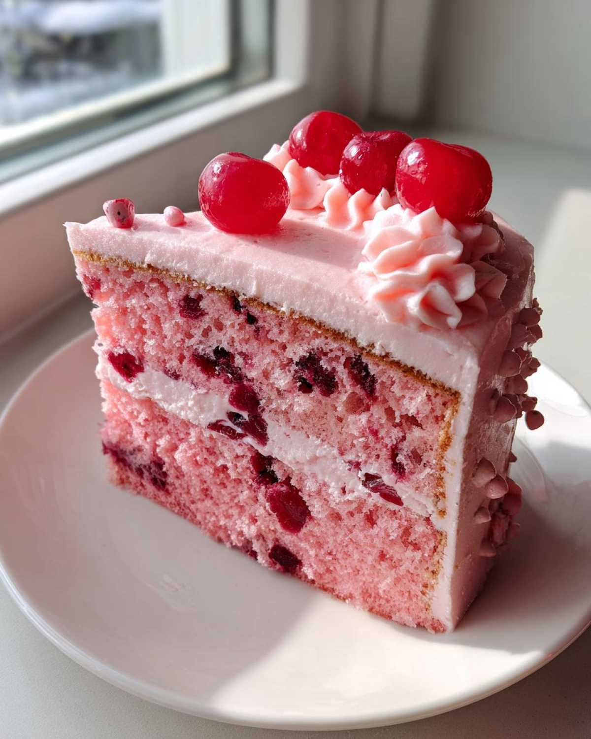 A beautiful slice of pink Cherry cake with visible cherry pieces, white filling, and topped with bright red candied cherries.