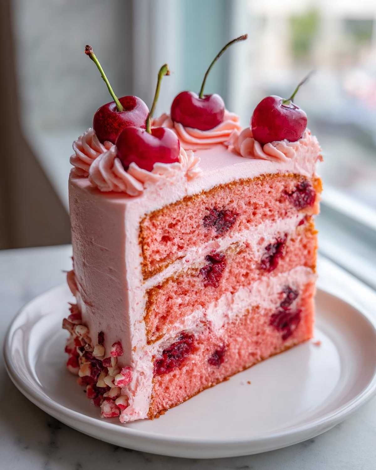 A tall slice of pink layer Cherry cake filled with fruit and topped with pink frosting and fresh cherries.