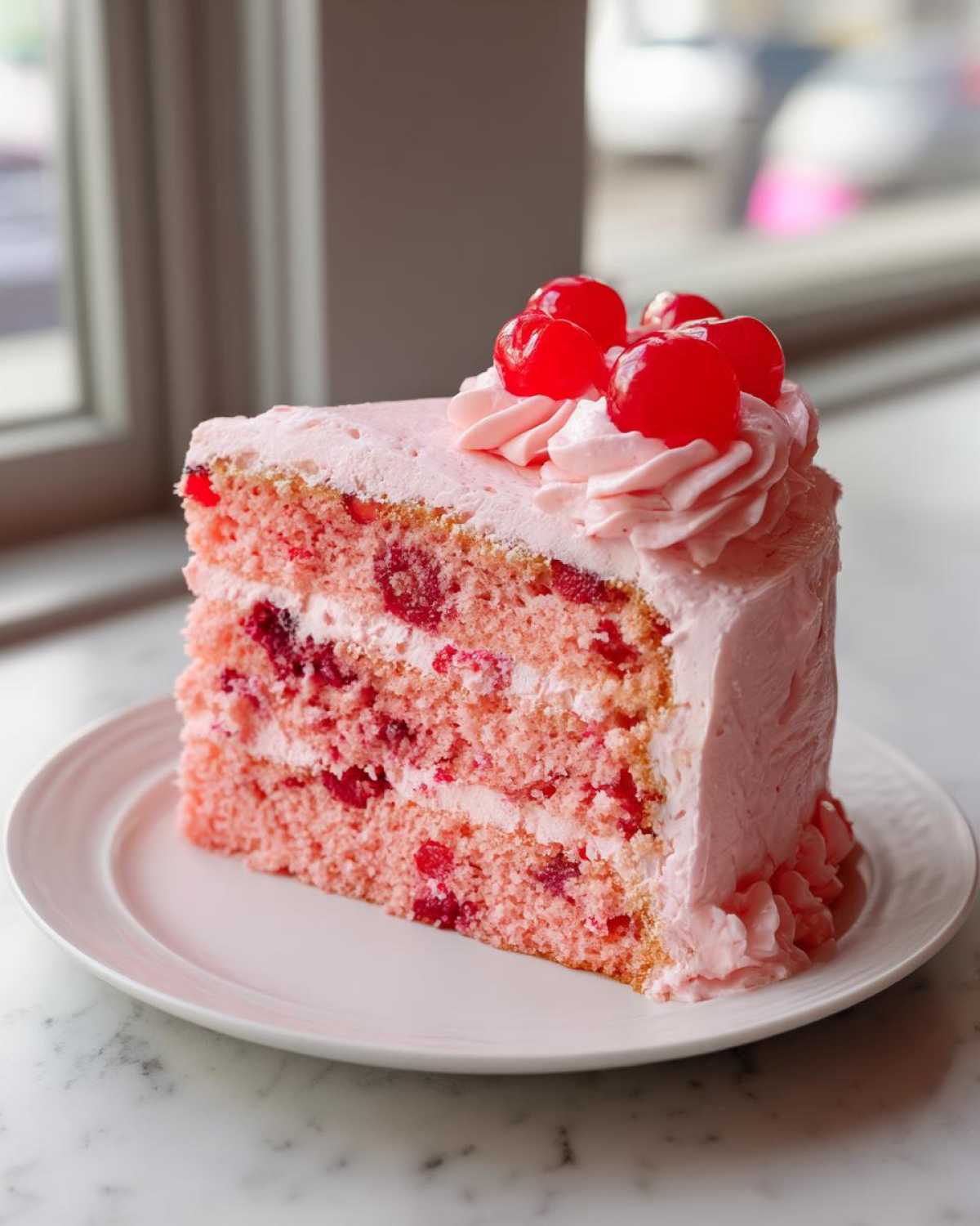 A tall slice of pink layer Cherry cake filled with fruit and topped with pink frosting and bright red maraschino cherries.