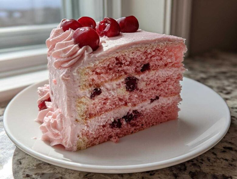 A perfect slice of pink layered Cherry cake with visible cherries inside and topped with fresh cherries and pink frosting.