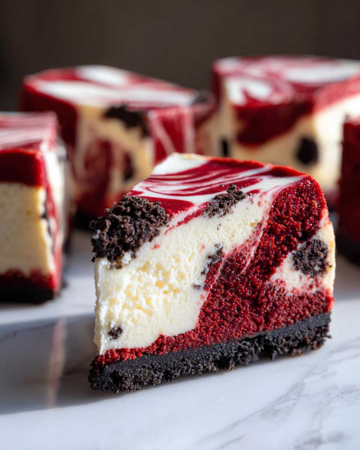 A close-up slice of red velvet cheesecake featuring a dark crust, red cake layer, and white cream cheese swirl.