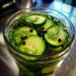 Top-down view of sliced cucumbers, fresh dill, and peppercorns submerged in brine for refrigerator pickles.