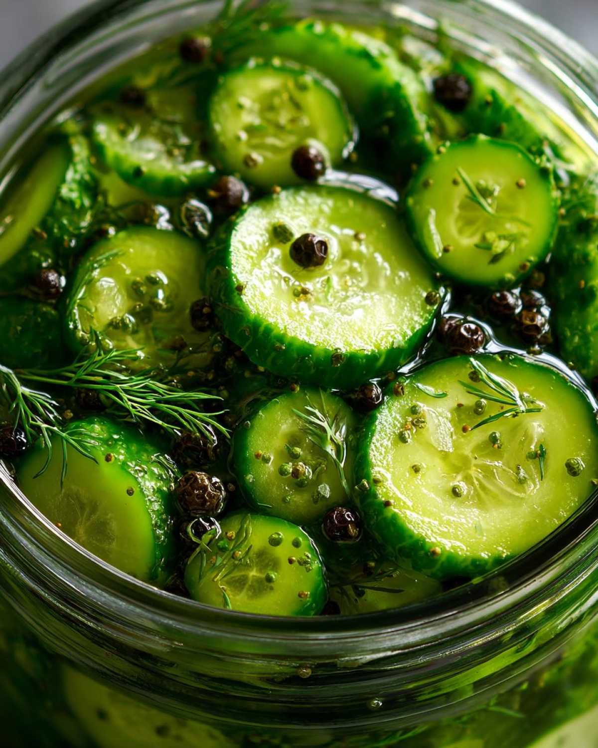 Close-up view of bright green, sliced refrigerator pickles submerged in brine with dill and whole peppercorns.