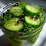 Close-up of sliced cucumbers, fresh dill, and black peppercorns ready for refrigerator pickles in a glass jar.