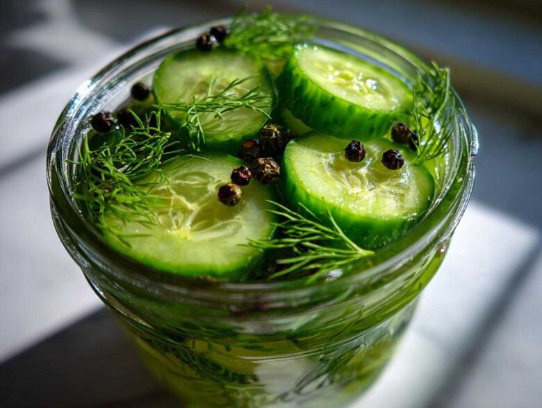 Close-up of sliced cucumbers, fresh dill, and black peppercorns ready for refrigerator pickles in a glass jar.