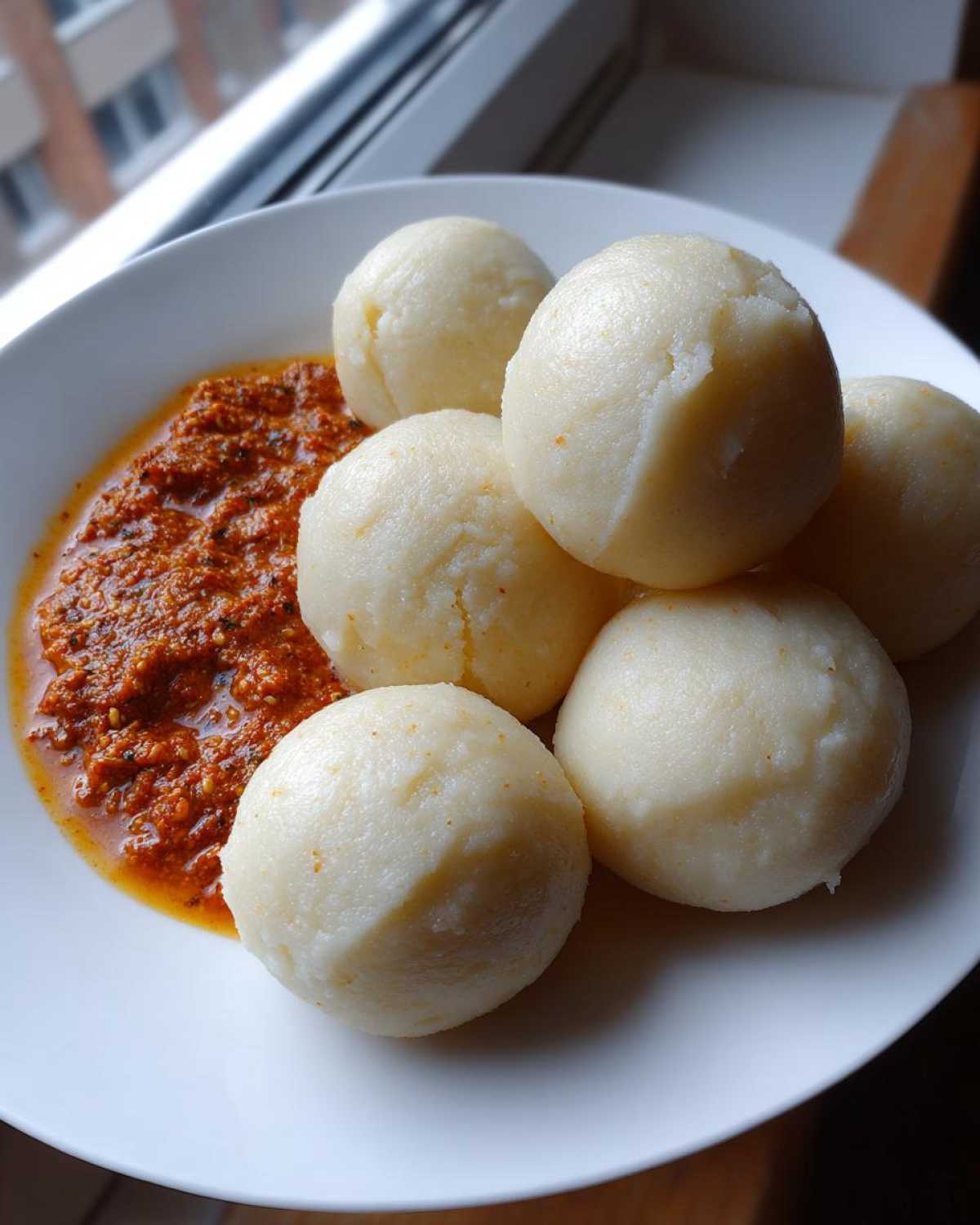 Six smooth, pale yellow balls of fufu served on a white plate next to a portion of thick, rich red stew.