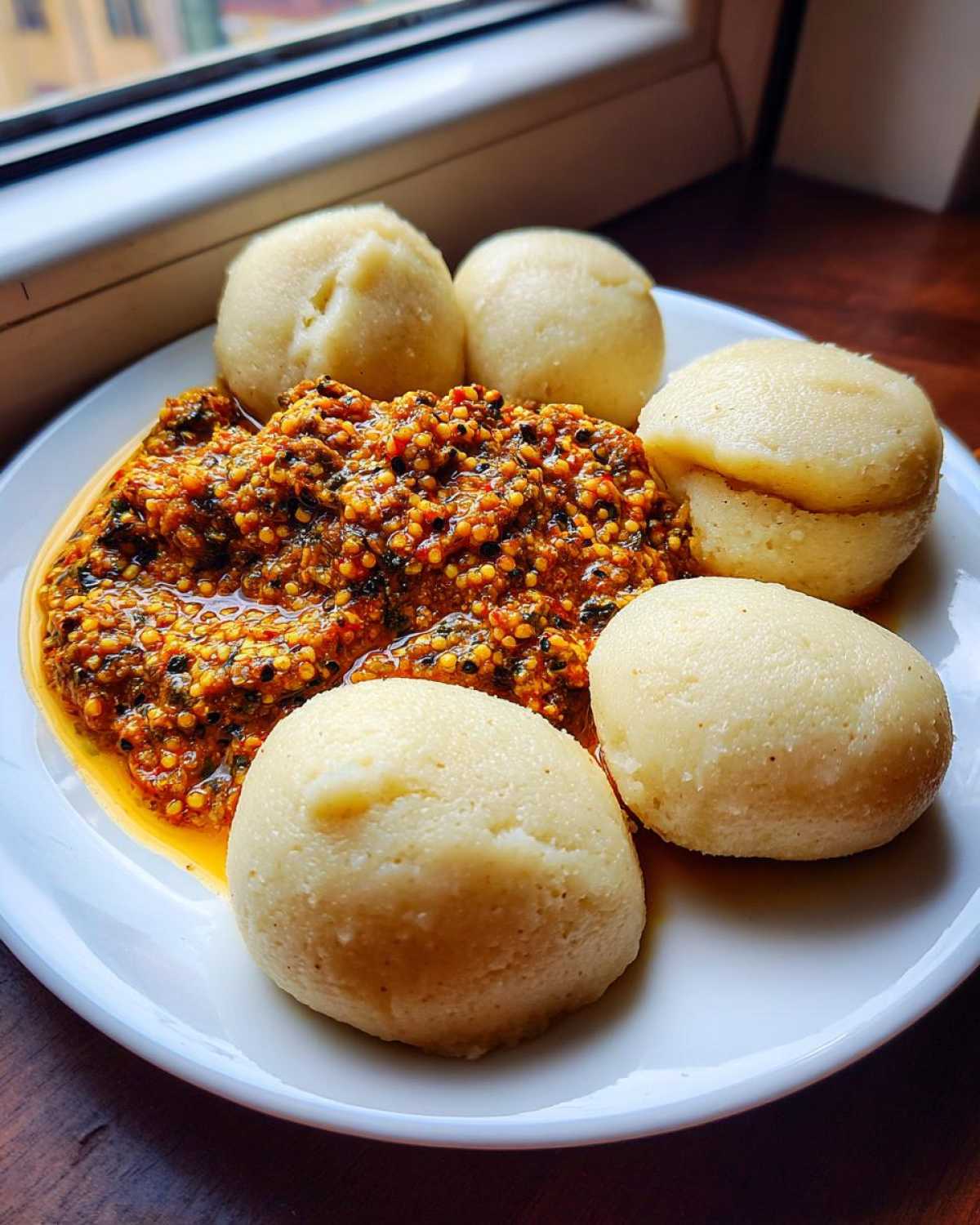 Five smooth mounds of pale yellow fufu served on a white plate next to a rich, textured orange and brown stew.