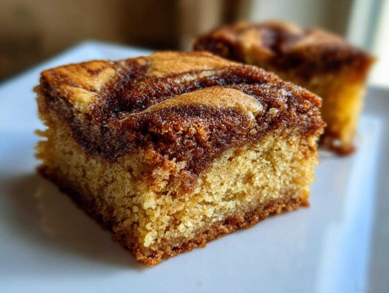 A close-up, mouthwatering shot of a single square of snickerdoodle blondies with a thick cinnamon swirl topping.