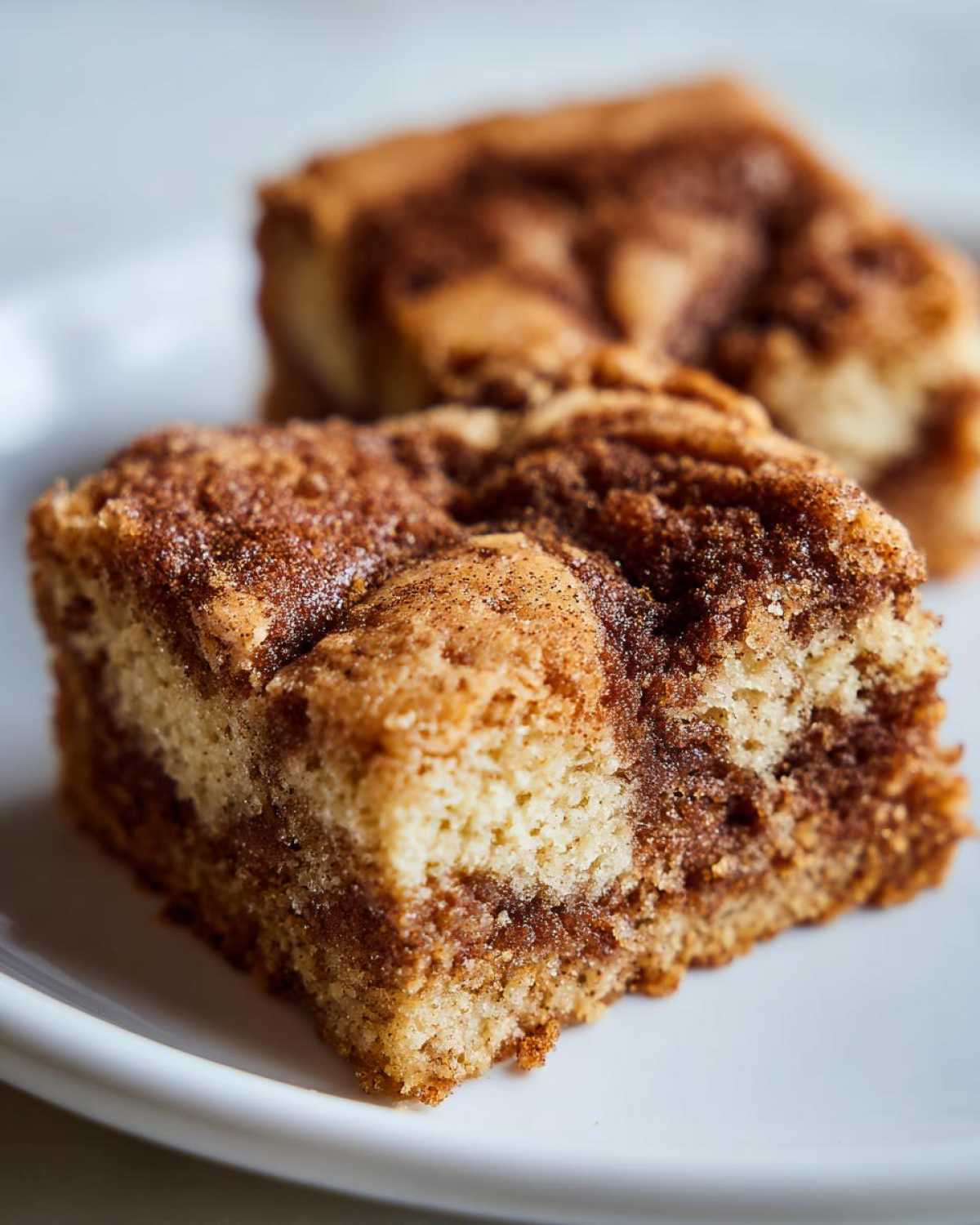 Close-up of two rich, square snickerdoodle blondies with a visible cinnamon swirl topping on a white plate.