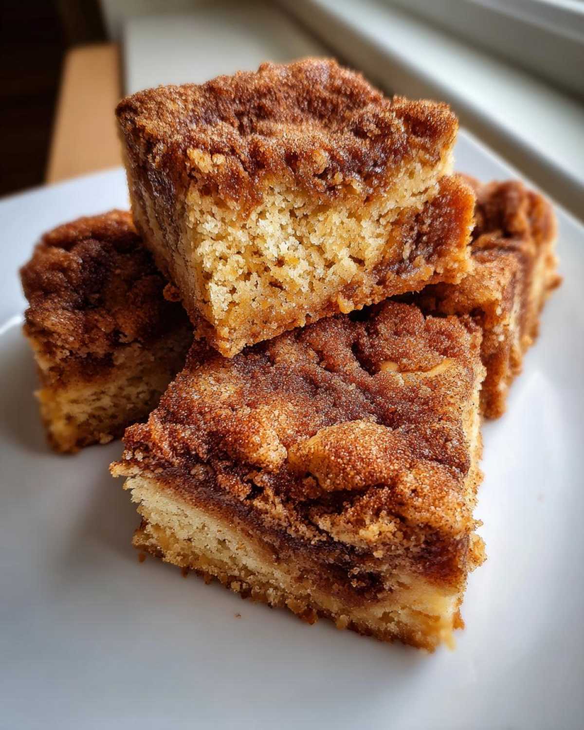 A stack of three rich, square snickerdoodle blondies with a thick, sugary cinnamon topping.