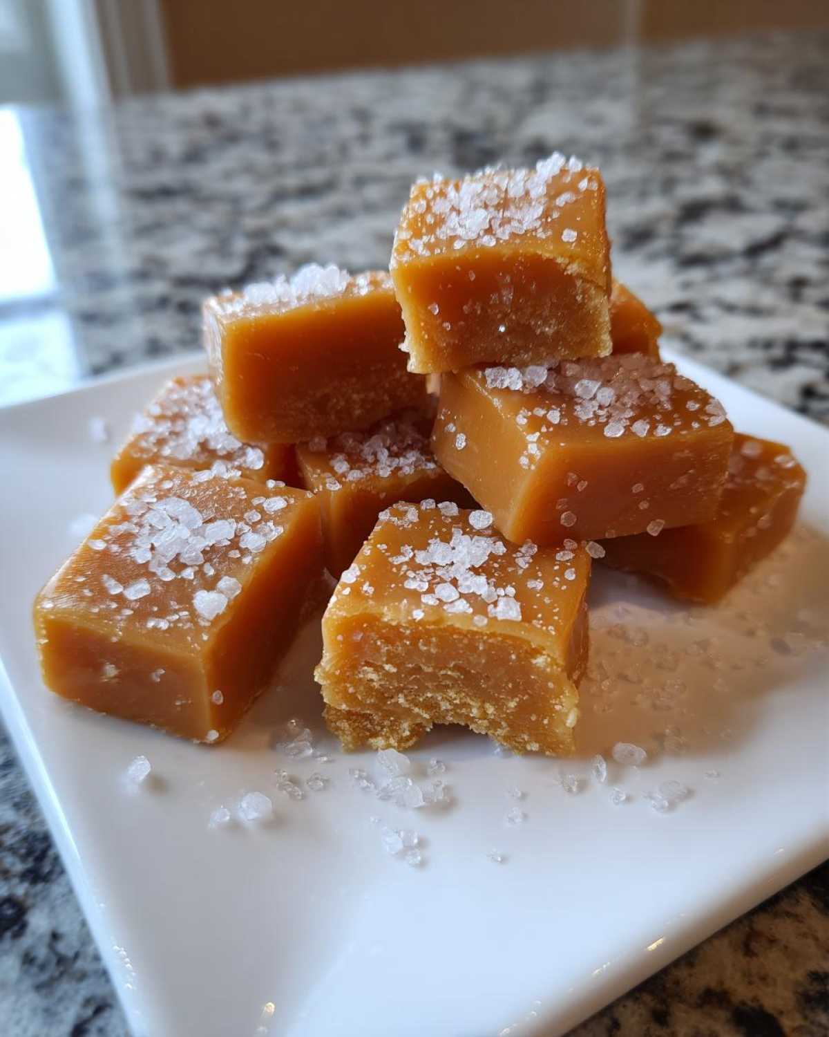 A stack of homemade, soft caramels topped with flaky sea salt, ready to eat.