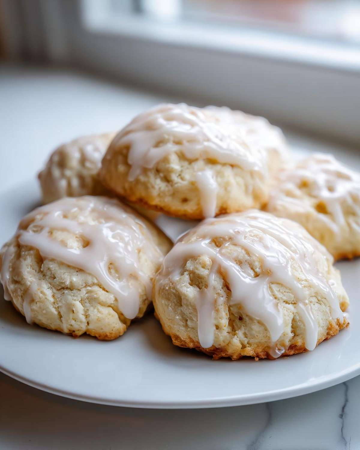 A close-up of several soft, fluffy ricotta cookies topped with a thick white glaze, resting on a white plate.