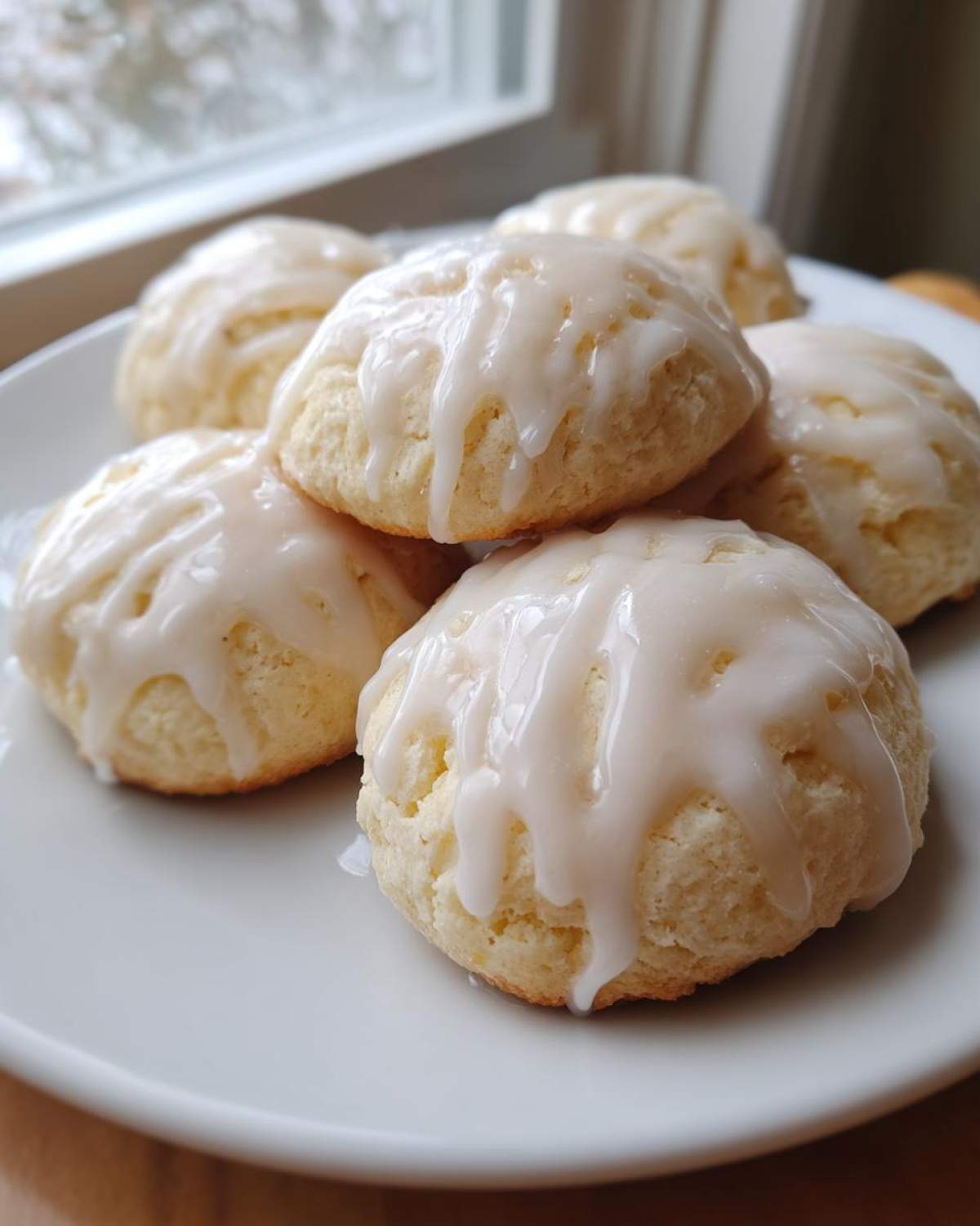 A close-up of several soft ricotta cookies piled on a white plate, drizzled generously with white glaze.