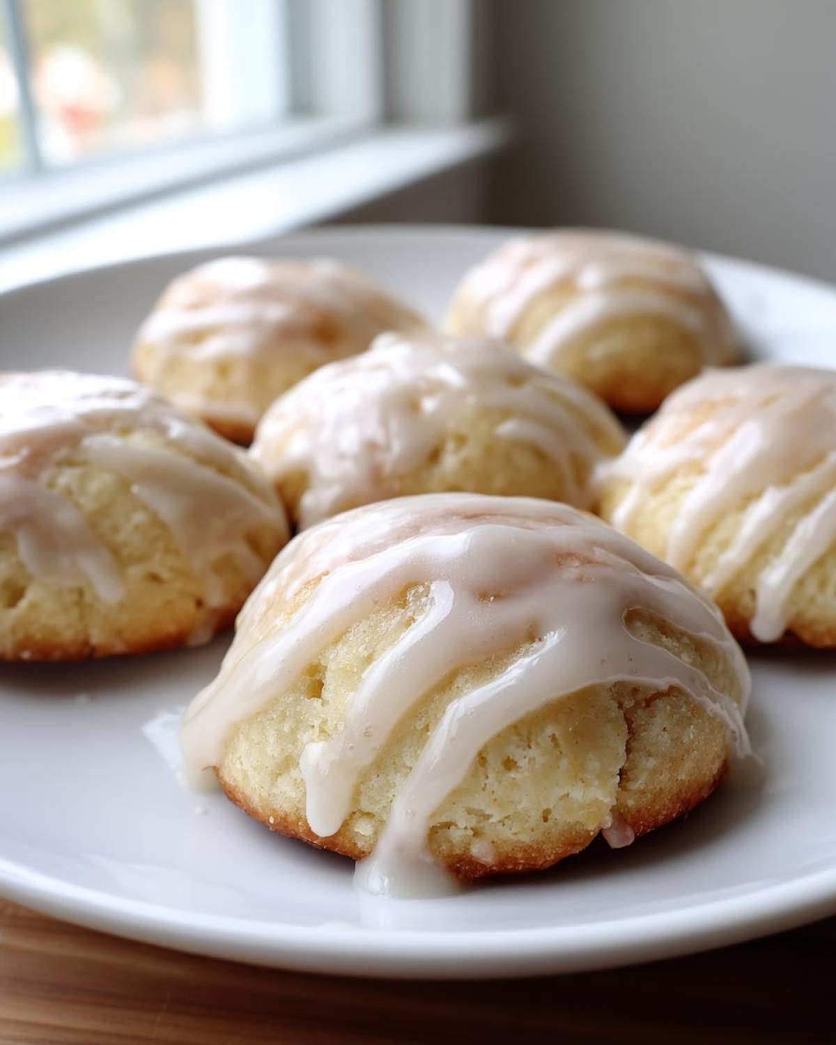 Close-up of soft ricotta cookies topped with a thick vanilla glaze, sitting on a white plate.