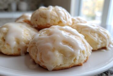 A close-up of several soft ricotta cookies piled on a white plate, generously topped with a thick white glaze.
