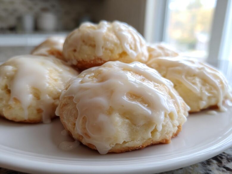 A close-up of several soft ricotta cookies piled on a white plate, generously topped with a thick white glaze.