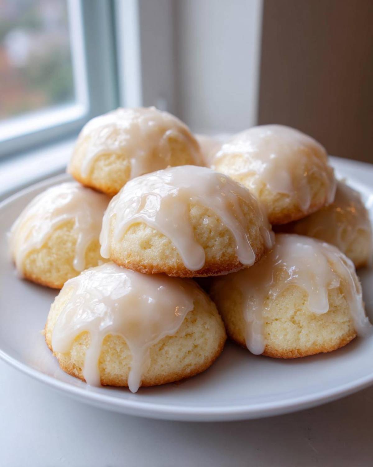 A close-up of several soft ricotta cookies piled on a white plate, topped with a thick vanilla glaze.