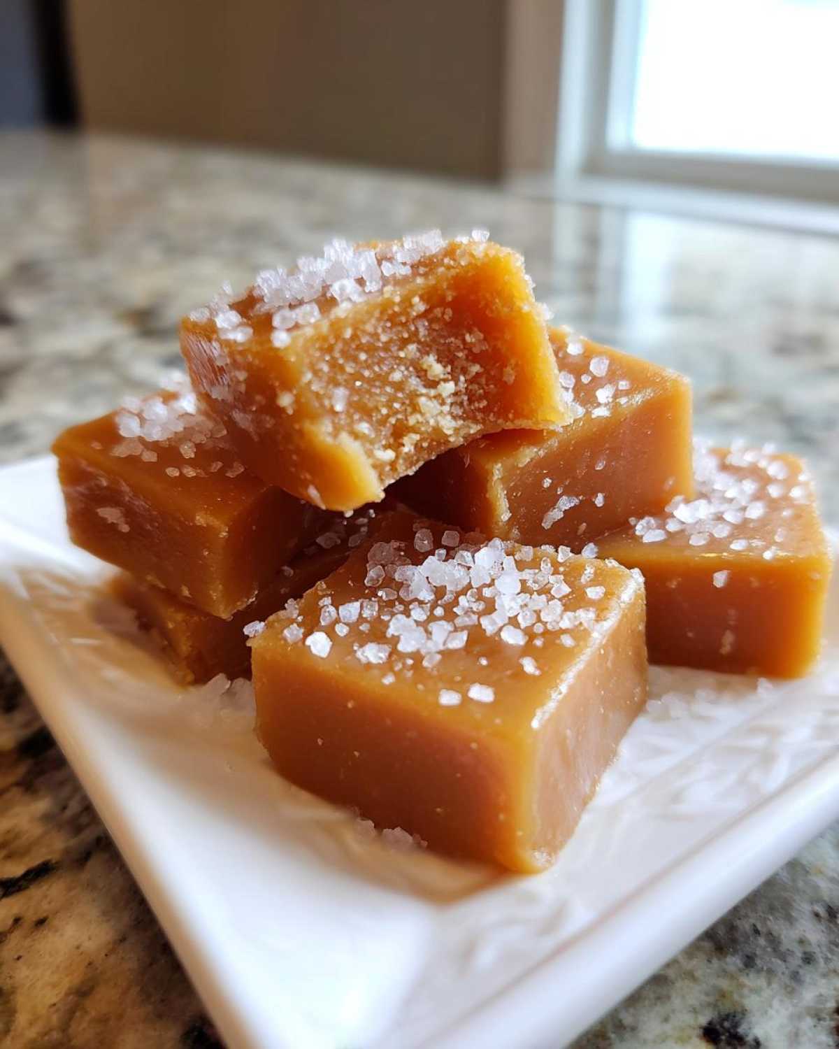 Close-up of soft, square caramels sprinkled with sea salt, stacked on a white plate.