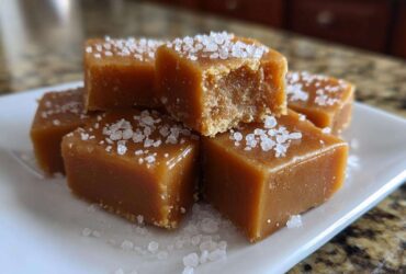 Close-up of soft, square salted caramels sprinkled with flaky sea salt on a white plate.