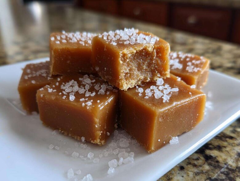 Close-up of soft, square salted caramels sprinkled with flaky sea salt on a white plate.
