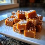 A close-up stack of homemade, soft caramels topped generously with flaky sea salt.