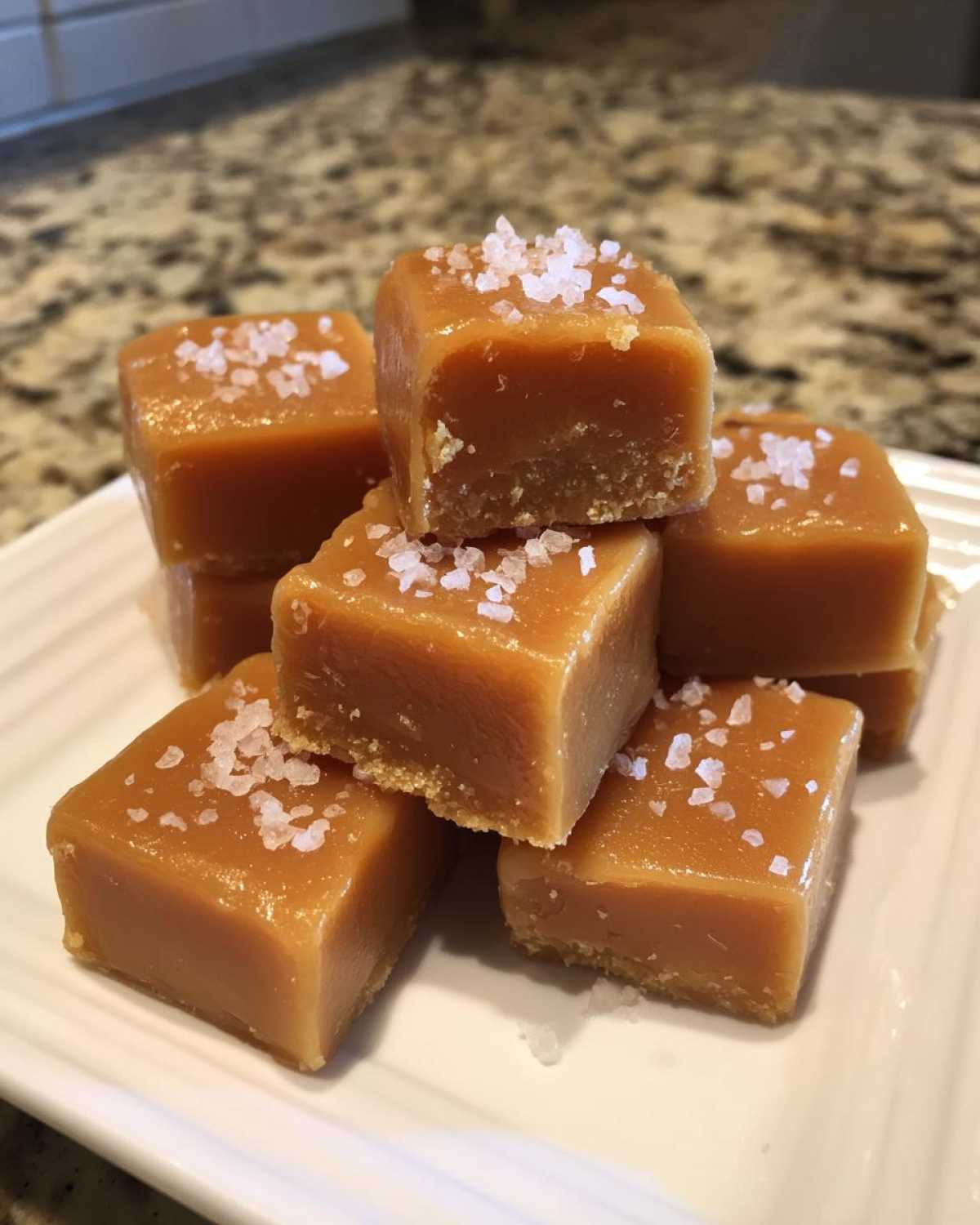 Close-up of soft, chewy caramels stacked on a white plate, topped with coarse sea salt.