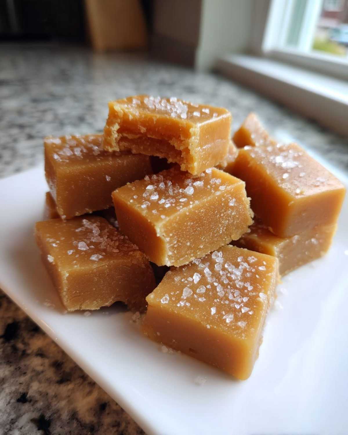 A stack of soft, square caramels sprinkled with sea salt, one piece showing a bite taken out.