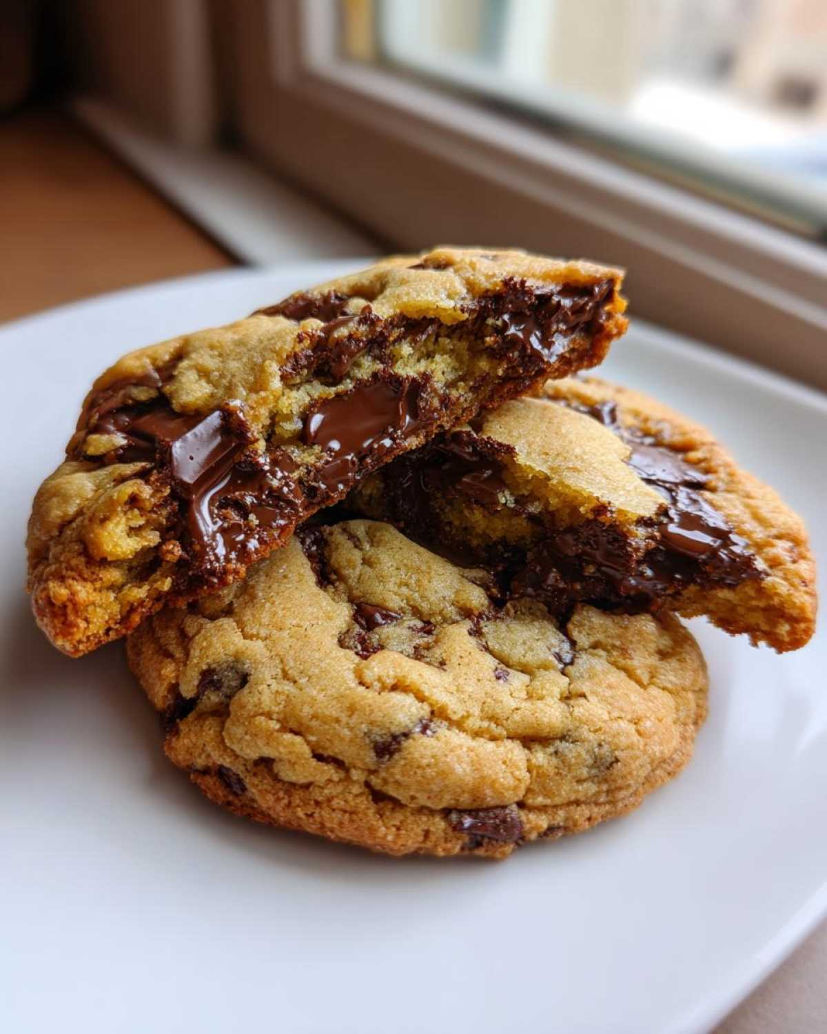 Close-up of sourdough chocolate chip cookies, one broken open revealing melted chocolate center.