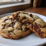 A close-up of two sourdough chocolate chip cookies, one broken in half revealing a gooey, melted chocolate center.