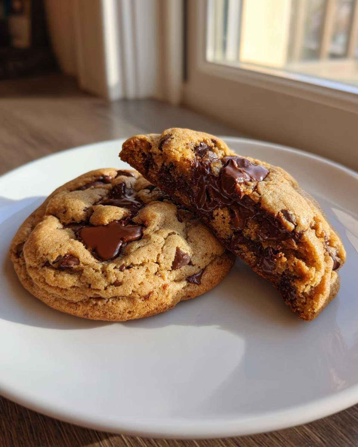 Two rich, chewy sourdough chocolate chip cookies on a white plate, one broken open showing gooey melted chocolate.