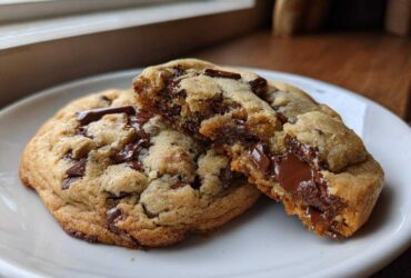 A close-up of two sourdough chocolate chip cookies, one broken in half revealing a gooey, melted chocolate center.