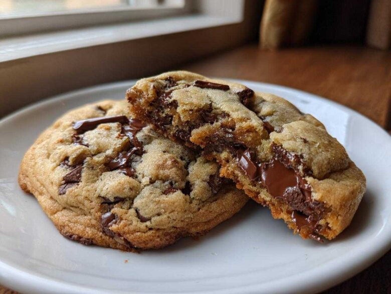 A close-up of two sourdough chocolate chip cookies, one broken in half revealing a gooey, melted chocolate center.