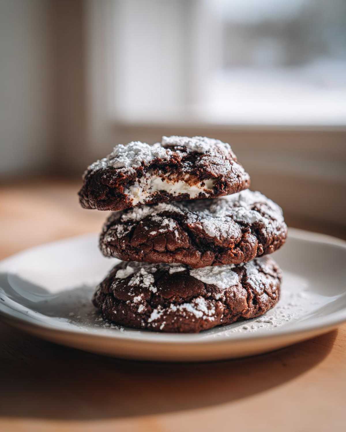 Three rich, dark hot chocolate cookies stacked on a white plate, dusted with powdered sugar, one cookie is broken showing a creamy center.