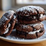 A stack of three decadent hot chocolate cookies filled with marshmallow and chocolate ganache, dusted with powdered sugar.