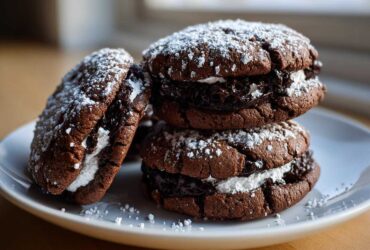 A stack of three decadent hot chocolate cookies filled with marshmallow and chocolate ganache, dusted with powdered sugar.